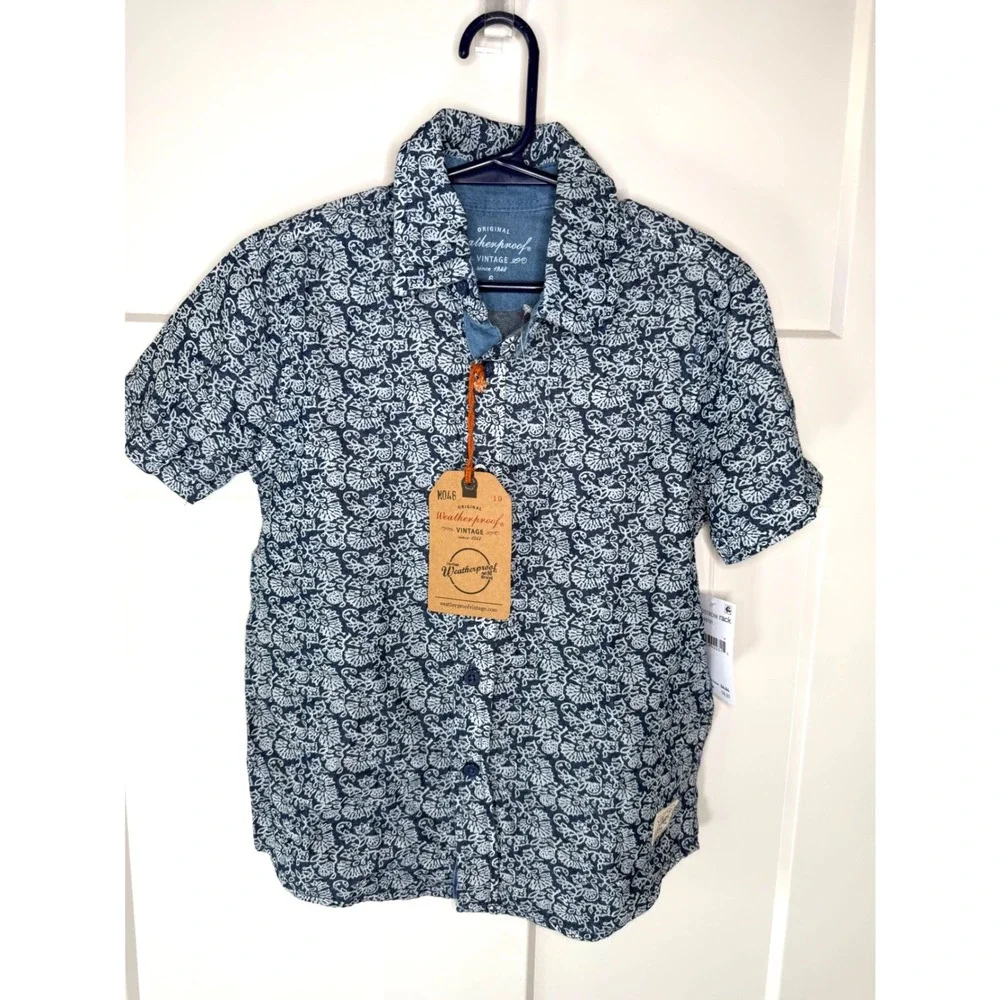 Weatherproof Vintage Boys Navy White Floral Paisley Button Down Shirt Size 6 NWT